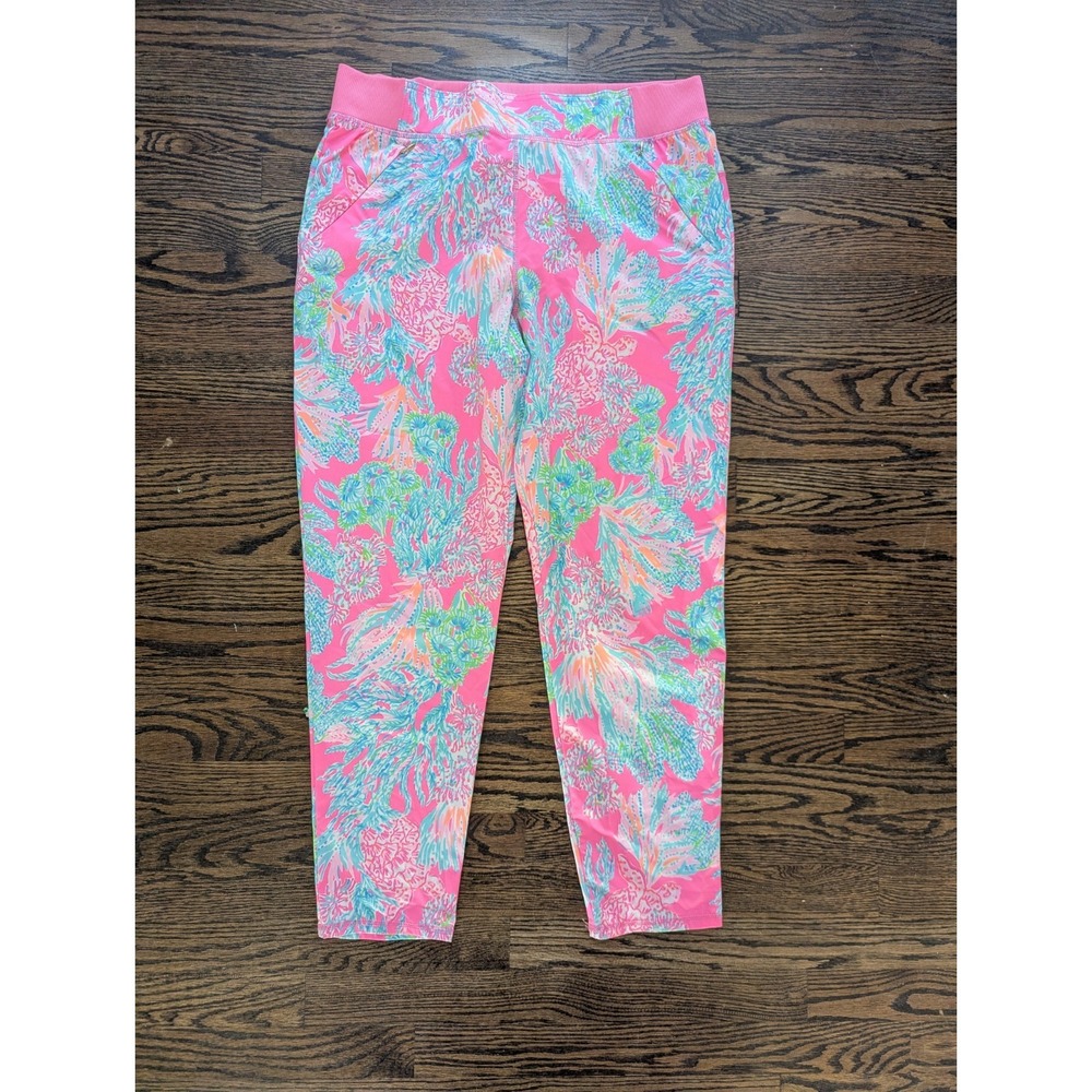 LILLY PULITZER RUN AROUND LUXLETIC UPF 50+ PROSECCO PINK CROPPED PANTS Size L Lg